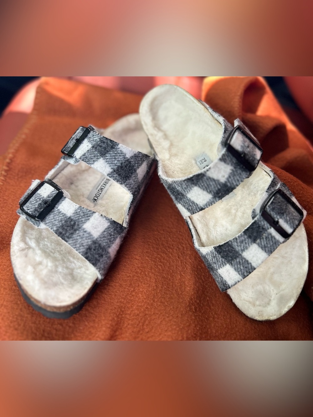 Birkenstock Wool Plush Lined Black & White Buffalo Plaid womens Sandals size 8